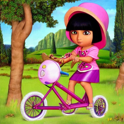 Image similar to Dora The Explorer on a tricycle, lowbrow painting by Mark Ryden