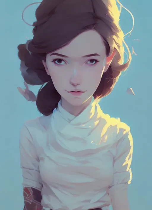 Prompt: portrait of cute maiden girl, cloud sky background, by atey ghailan, by greg rutkowski, by greg tocchini, by james gilleard, by joe gb fenton, by kaethe butcher, dynamic lighting, gradient light blue, brown, blonde cream and white color in scheme, grunge aesthetic