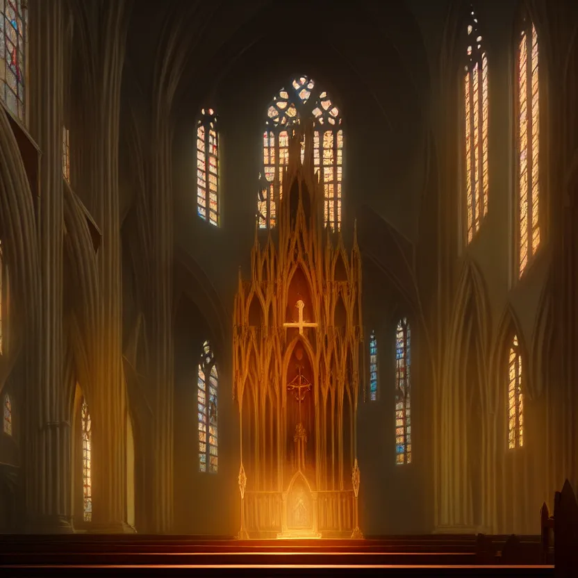 Prompt: curch with altar in glory light, digital painting, greg rutkowski, artstation, cinematic, matte painting