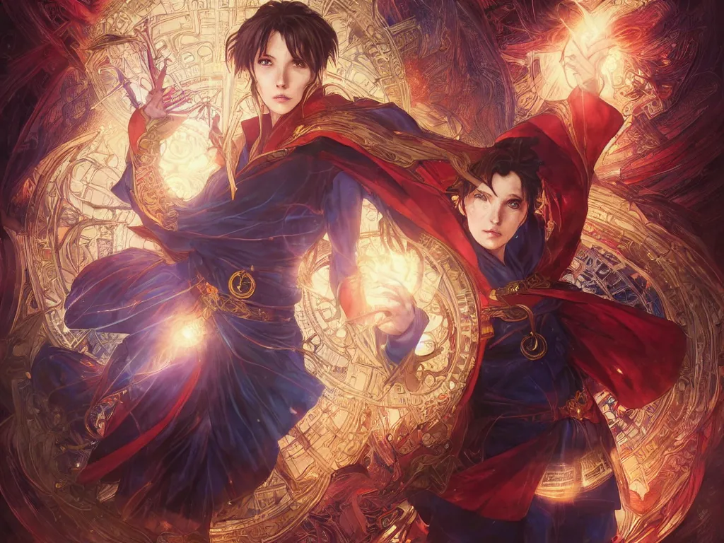 Image similar to anime key visual of one beautiful female doctor strange, marvel comics, spells, magic, intricate, inside magical temple stunning, highly detailed, digital painting, artstation, smooth, hard focus, illustration, art by artgerm and greg rutkowski and alphonse mucha