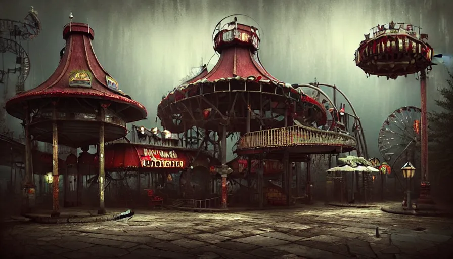 Prompt: michal karcz grunge painting of an amusement park, monster and horror theme. Monster-themed Top-Spin. A detailed, elegant, intricate, 4k,