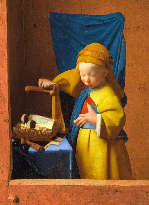 Prompt: children toys, medieval painting by jan van eyck, johannes vermeer, florence
