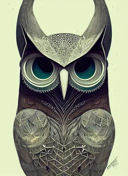 Image similar to portrait of a geometric owl, identical eyes, medium shot, illustration, full body made of white feathers, symmetrical, art stand, super detailed, cinematic lighting, and its detailed and intricate, gorgeous, by peter mohrbacher