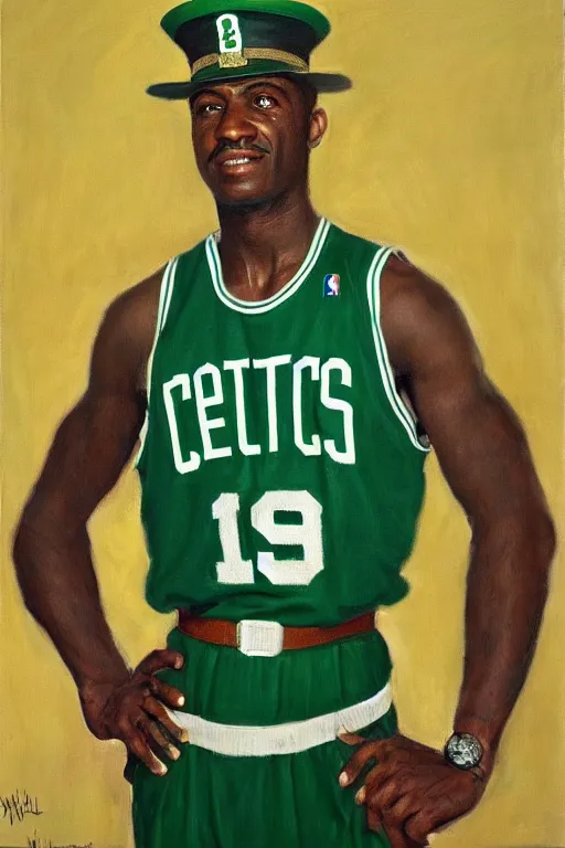 Image similar to full body portrait of the dictator of the boston celtics, 1 9 5 5, in full military garb, oil on canvas by william sidney mount, trending on artstation