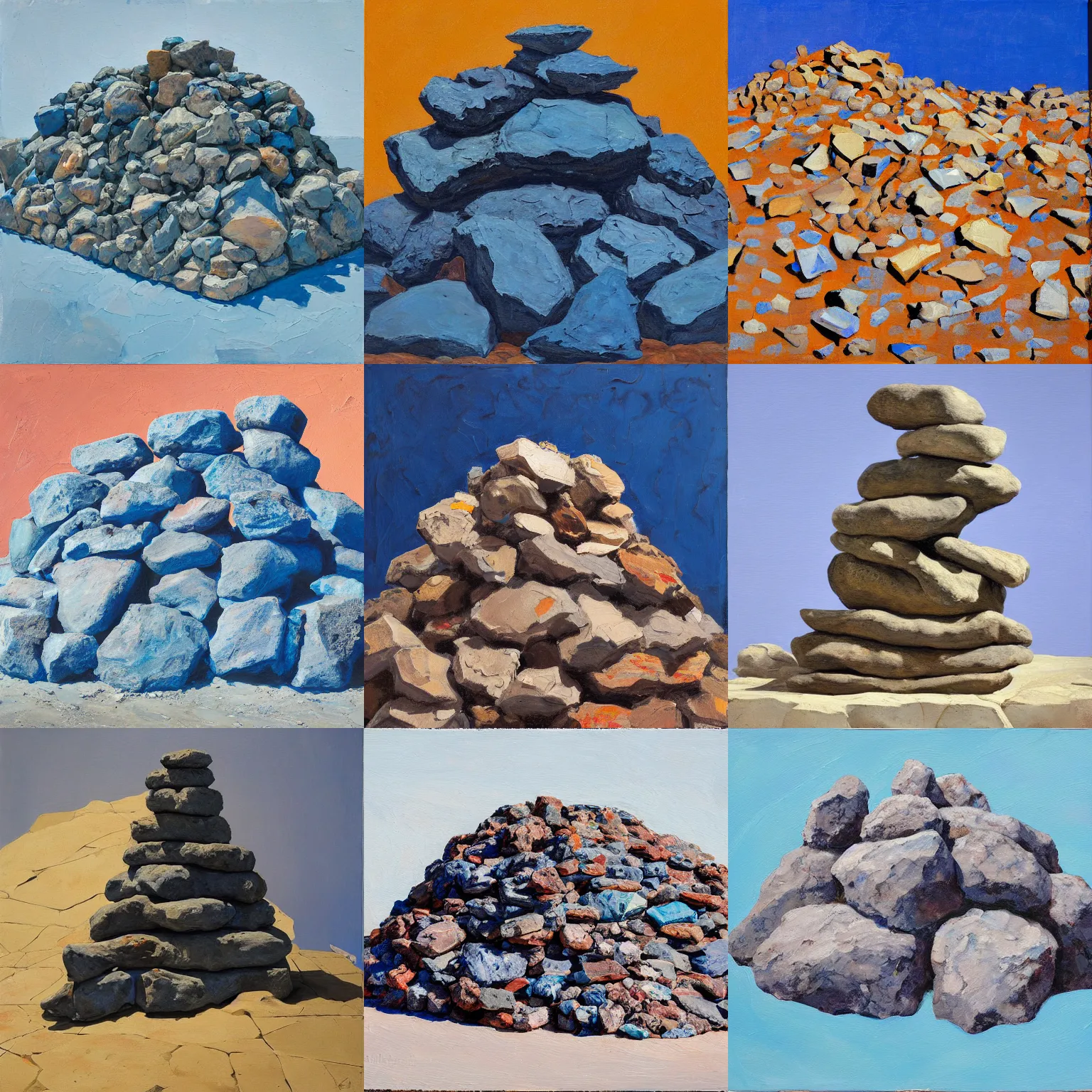 Prompt: a painting of a pile of rocks on a blue background, an ultrafine detailed painting by julian schnabel, polycount, arte povera, academic art, oil on canvas, artwork