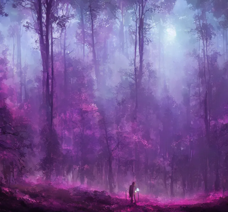 Image similar to purple futuristic solder on forest landscape, acrilic paint, brush paint, heavenly atmosphere, paint, ultra detailed, beautiful image, resolution, artstation