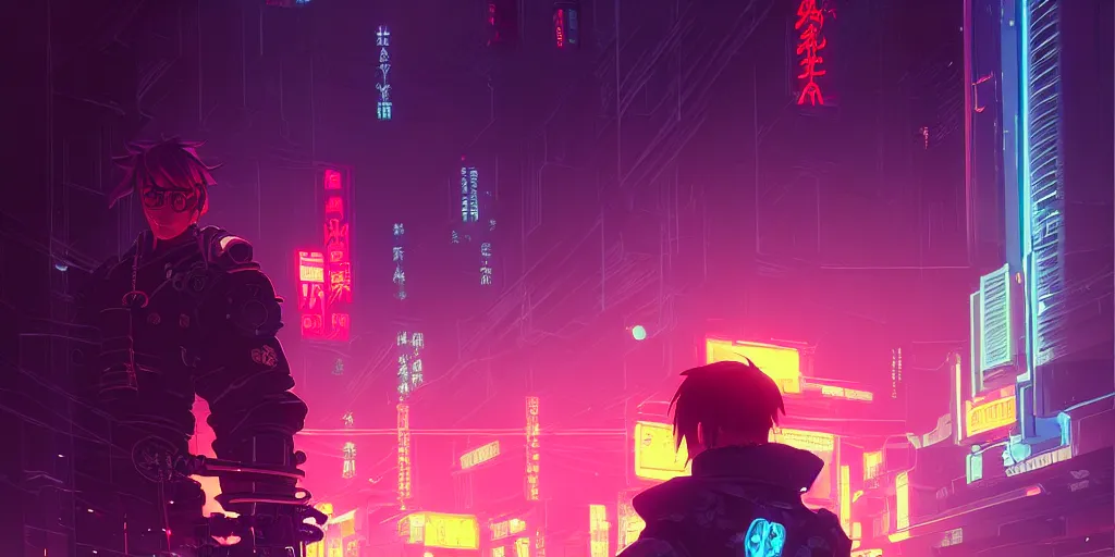 Image similar to digital illustration closeup portrait of cyberpunk samurai in city street at night by makoto shinkai, ilya kuvshinov, lois van baarle, rossdraws, basquiat | afrofuturism, in the style of hearthstone, trending on artstation | cool color scheme