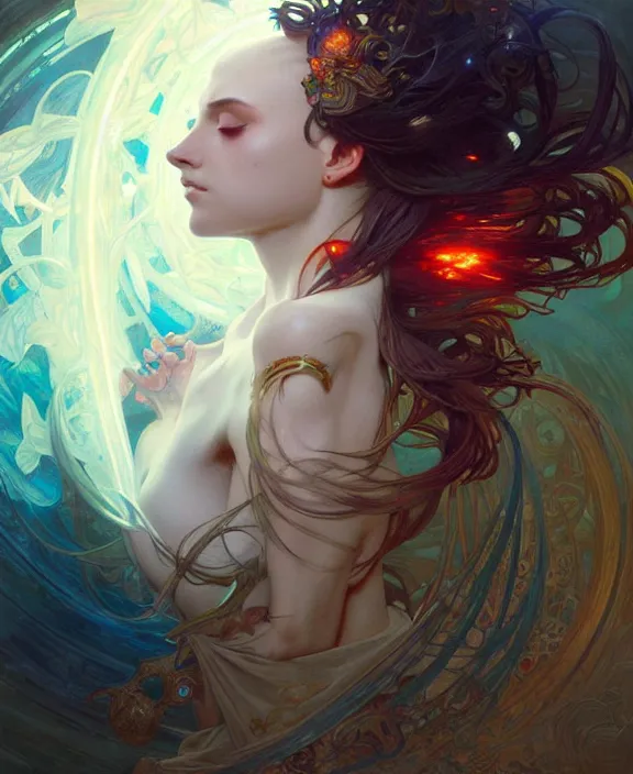 Image similar to a whirlwind of souls ushing inside the metaverse, half body, glowin eyes, d d, fantasy, intricate, elegant, highly detailed, colorful, vivid color, digital painting, artstation, concept art, art by artgerm and greg rutkowski and alphonse mucha and ruan jia