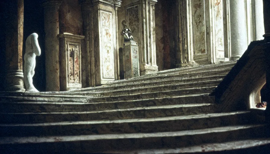 Image similar to movie still by tarkovsky of caligula poniard to death by senators on ancient stairs blood flowing, cinestill 8 0 0 t 3 5 mm, high quality, heavy grain, high detail, dramatic light, ultra wide lens, anamorphic