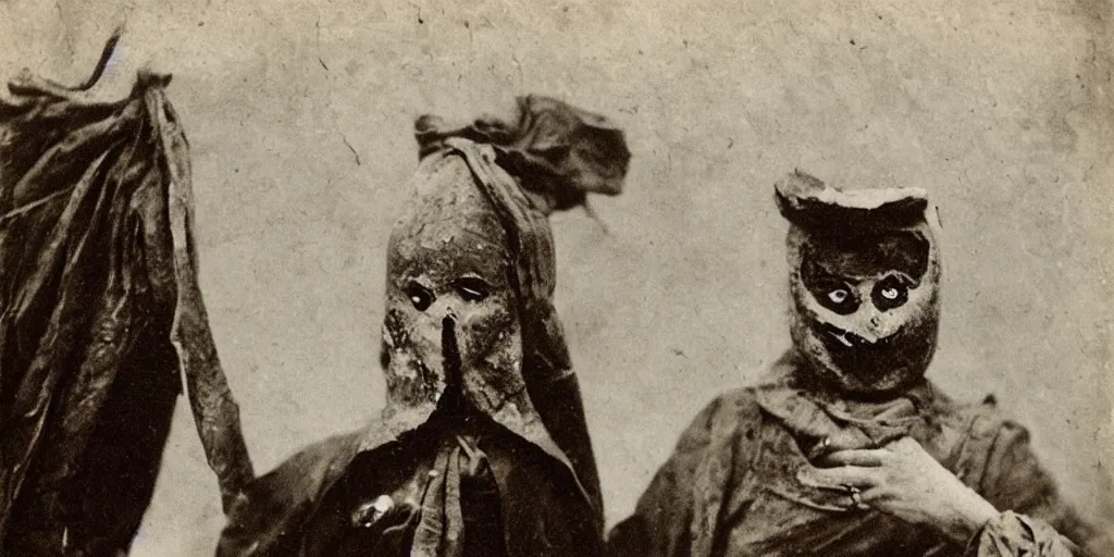 Image similar to hermit wearing a scary painted mask, 1900s picture