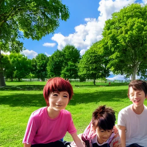 Image similar to Anime of an happy family with two boys of 10 years old and 5 years old, in Vincennes parc having a pic nic, beautiful weather, peaceful cloud, by Makoto Shinkai