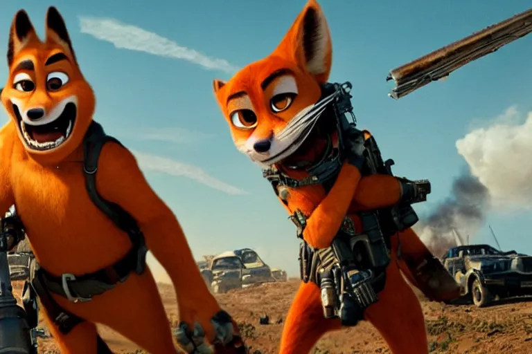 Image similar to nick wilde, heavily armed and armored facing down armageddon in a dark and gritty reboot from the makers of mad max : fury road : witness me