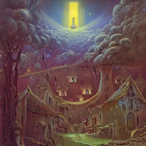 Prompt: a beautiful painting of medieval village, with magical forest, in another galaxy, by david noren and zdzisław beksinski