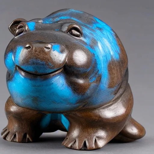 Image similar to a small hippo statue carved from natural wood on the bottom and polished blue resin on the top