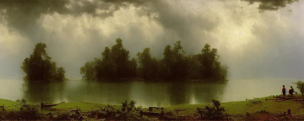 Image similar to a painting of a lake, heavy downpour, raining, by albert bierstadt