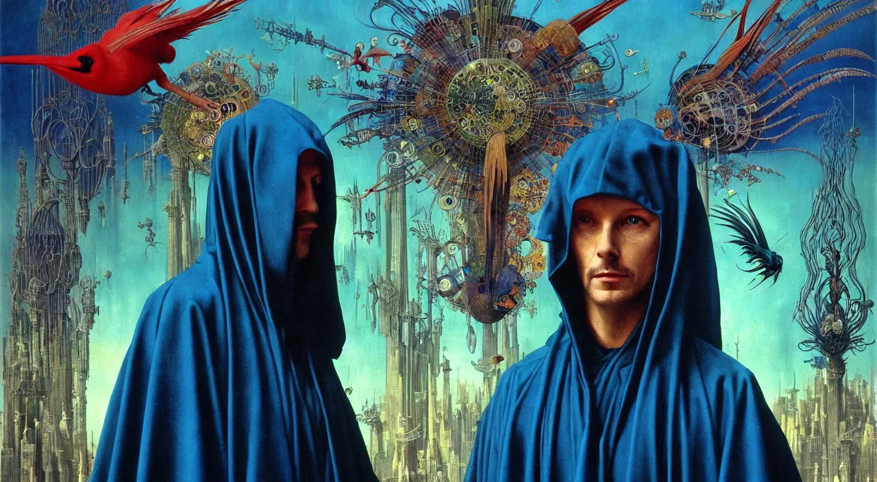 Image similar to realistic detailed portrait movie shot of a birdman wearing dark robes, sci fi city landscape background by denis villeneuve, amano, yves tanguy, alphonse mucha, ernst haeckel, max ernst, roger dean, masterpiece, rich moody colours, blue eyes, occult