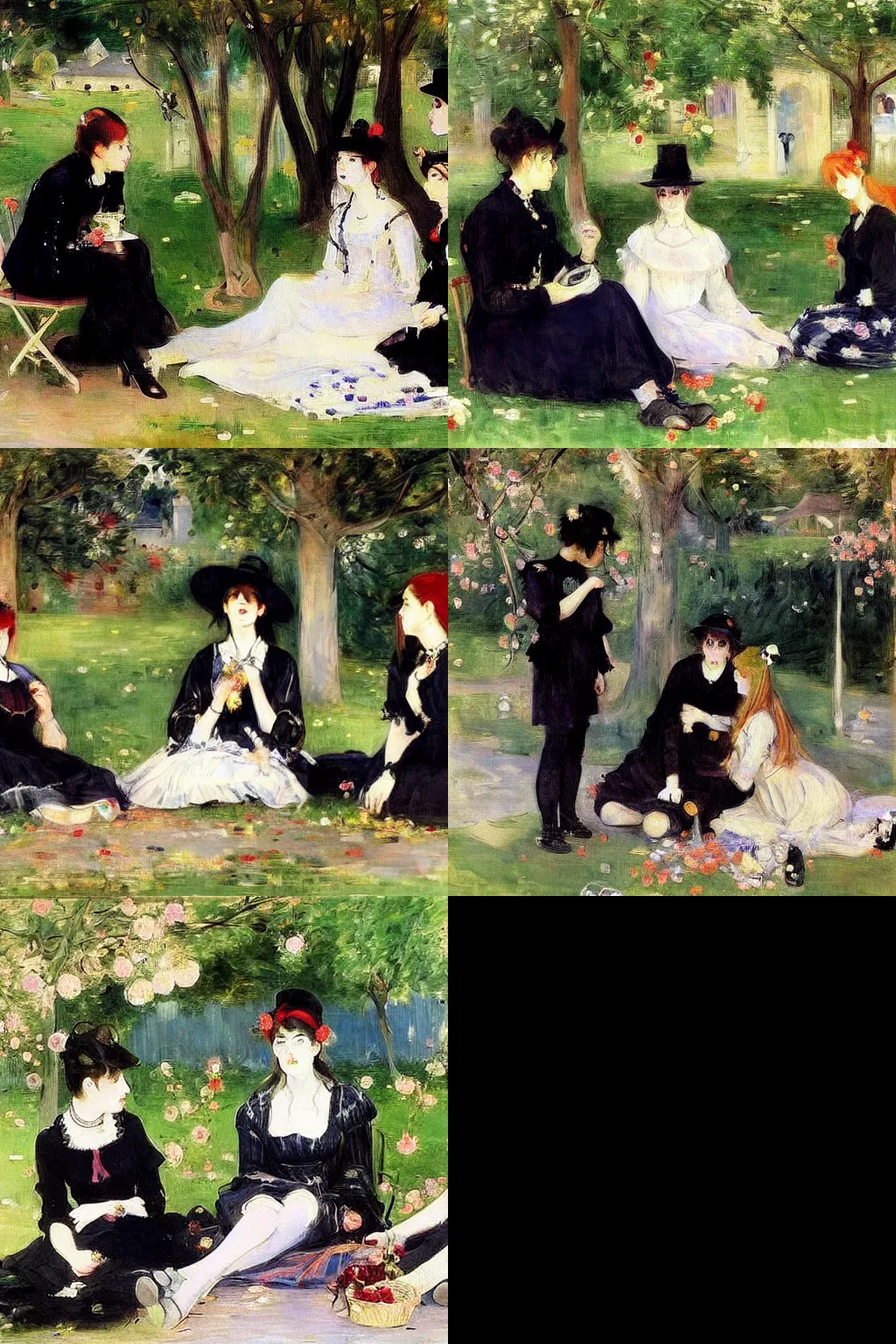 Prompt: an hd painting by berthe morisot. three goths loitering in the shade, talking beneath a cherry tree outside a blockbuster video store.