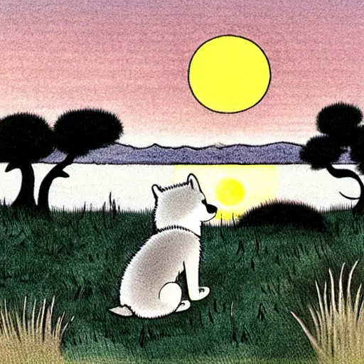 Image similar to view from behind of fluffy baby grey wolf sitting on the shore of a pond, looking out at a sunset, award winning illustration by maurice sendak and don freeman