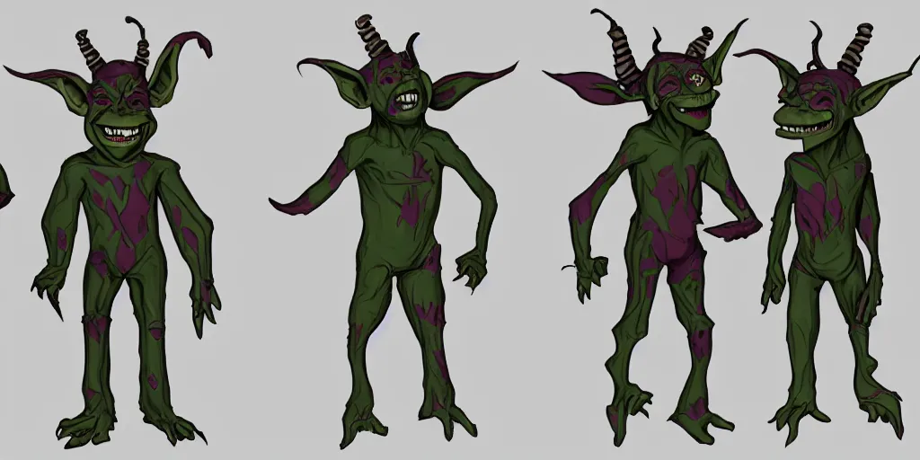 Prompt: Full body goblin, ripped suit, grinning, smile, concept sheet