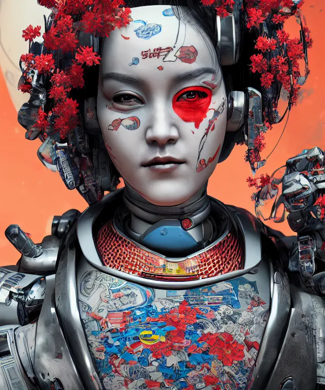 Image similar to an epic fantastic realism comic book style portrait painting of a japanese robotic geisha with kanji tattoos and decals, apex legends, octane render, intricate detail, 4 k hd, unreal engine 5, ex machina, irobot