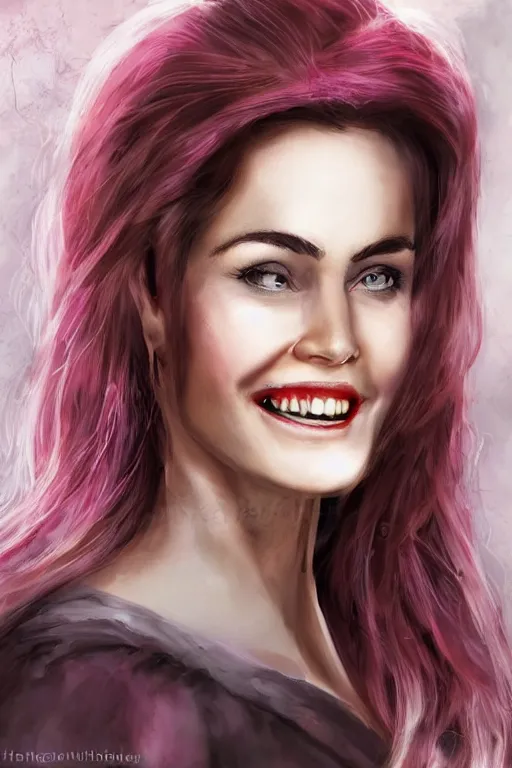 Image similar to mix of beautiful young maria shriver, mariel hemmingway, brooke shields, nicole kidman and elle macpherson as a vampire showing vampire teeth, ready to bite, thin lips, hair tied up in a pony tail, dark blonde hair, colorful, deviantart, artstation, cgsociety