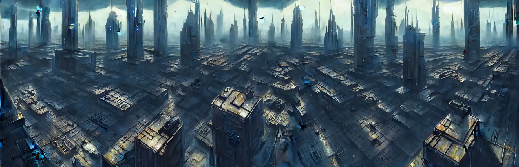 Image similar to abstract futuristic sci-fi cyberpunk city, birds eye view, detailed, matte painting, Lee Madgwick, Denis Sarazhin, artstation, unreal engine 5
