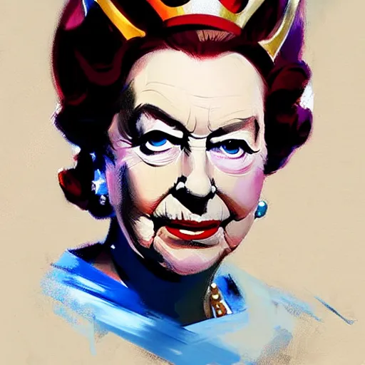 Prompt: greg manchess portrait painting of queen elizabeth ii as overwatch character, medium shot, asymmetrical, profile picture, organic painting, rainy day, matte painting, bold shapes, hard edges, street art, trending on artstation, by huang guangjian and gil elvgren and sachin teng