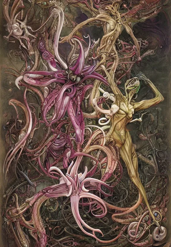 Prompt: simplicity, elegant, colorful muscular eldritch orchids, lilies, flowers, bodies, neon radiating from fractal, mandalas, by h. r. giger and esao andrews and maria sibylla merian eugene delacroix, gustave dore, thomas moran, pop art, giger's biomechanical xenomorph, art nouveau