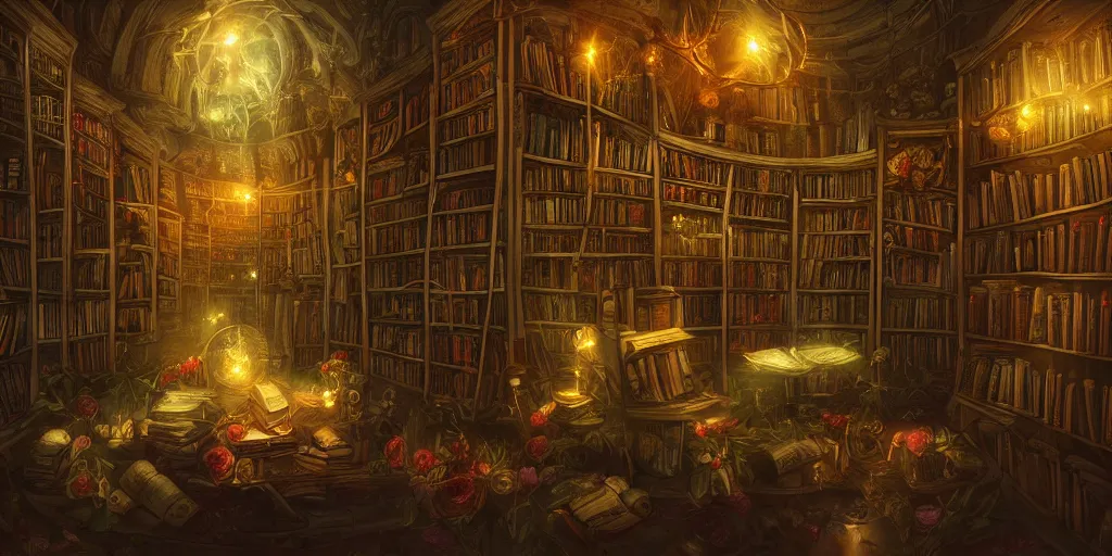 Prompt: magic library, another world, birds, roses, fairy tale, evening lights, highly detailed, low angle view, artstation, mysterious, comfort, in the style of aetherpunk