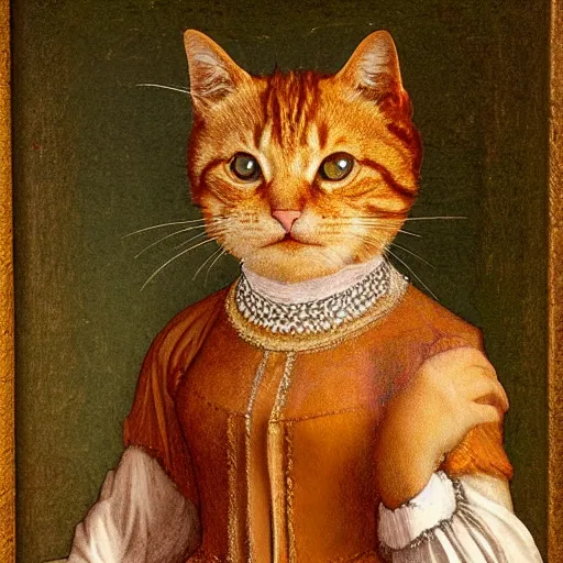 Prompt: Leonardo Da Vinci portrait of a ginger tabby cat wearing a beautiful outfit