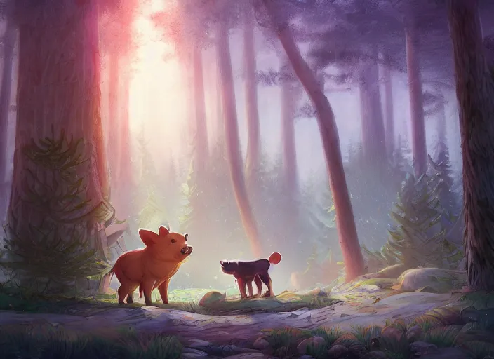 Prompt: a big wolf is threatening a cute cartoonish pigs in a mystical forest full of wonders, pine trees, magical atmosphere, trending on artstation, 30mm, by Noah Bradley trending on ArtStation, deviantart, high detail, stylized portrait