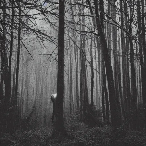 Image similar to grainy surveillance photo still of an alien in the woods at night hiding in the trees of a forest