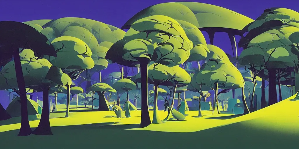 Image similar to oasis with a tent, gouache, animated film, stylised, illustration, by eyvind earle, scott wills, genndy tartakovski, syd mead