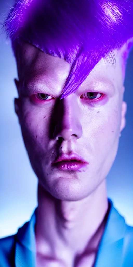Prompt: hyperrealistic close-up of beautiful albino man with purple hair and pearlescent blue skin james paick machiej kuciara dramatic neon lighting on one side wide angle 35mm shallow depth of field