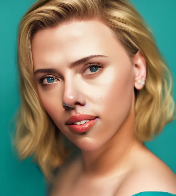 Image similar to beautiful portrait photo of Scarlett Johansson, slight smile, 85mm, teal studio backdrop