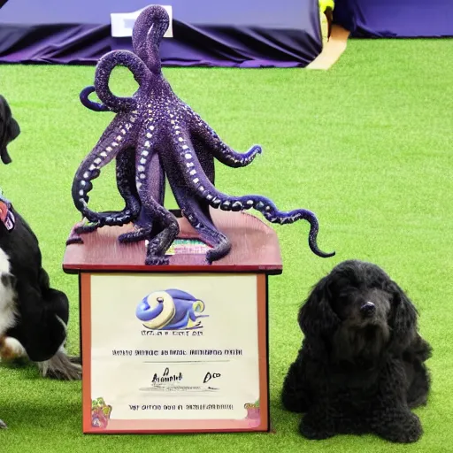 Prompt: octopus wins first place in a dog show, three tier podium