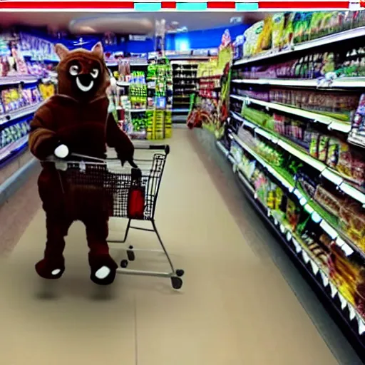 Prompt: cctv footage of furry in fursuit robbing the supermarket