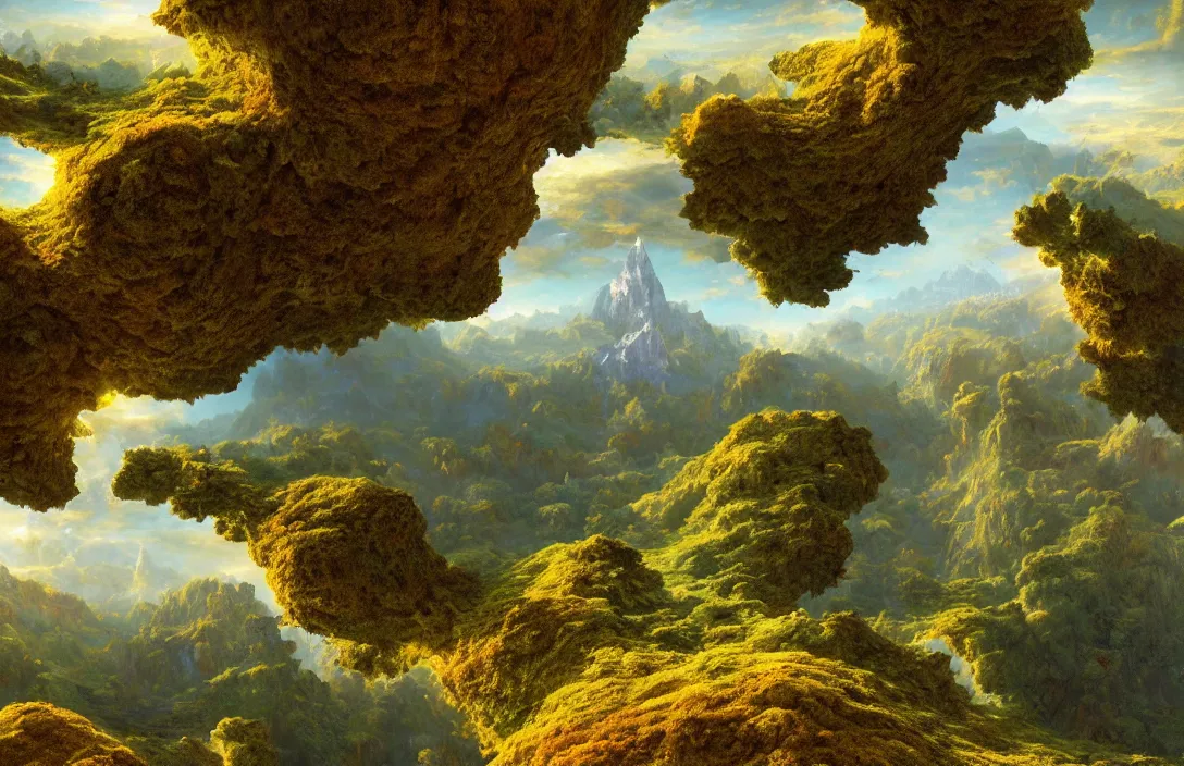 Image similar to mandelbrot mandelbulb swiss landscape, ridley scott, hyperreal phantastic green meadow landscape, small sailship, intricate details in environment, meeting point, portal, luminance, bright pastel colors, golden ratio, high aestehtic, cinematic light, godrays, distance, clear atmosphere, photobash, wideangle, bierstadt, hyperreal 4 k