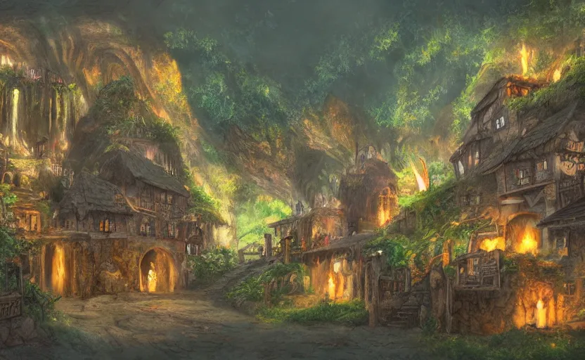 Prompt: medieval village built in a tropical cave, lit by torches, plants, waterfall, houses, towers, concept art, dawn