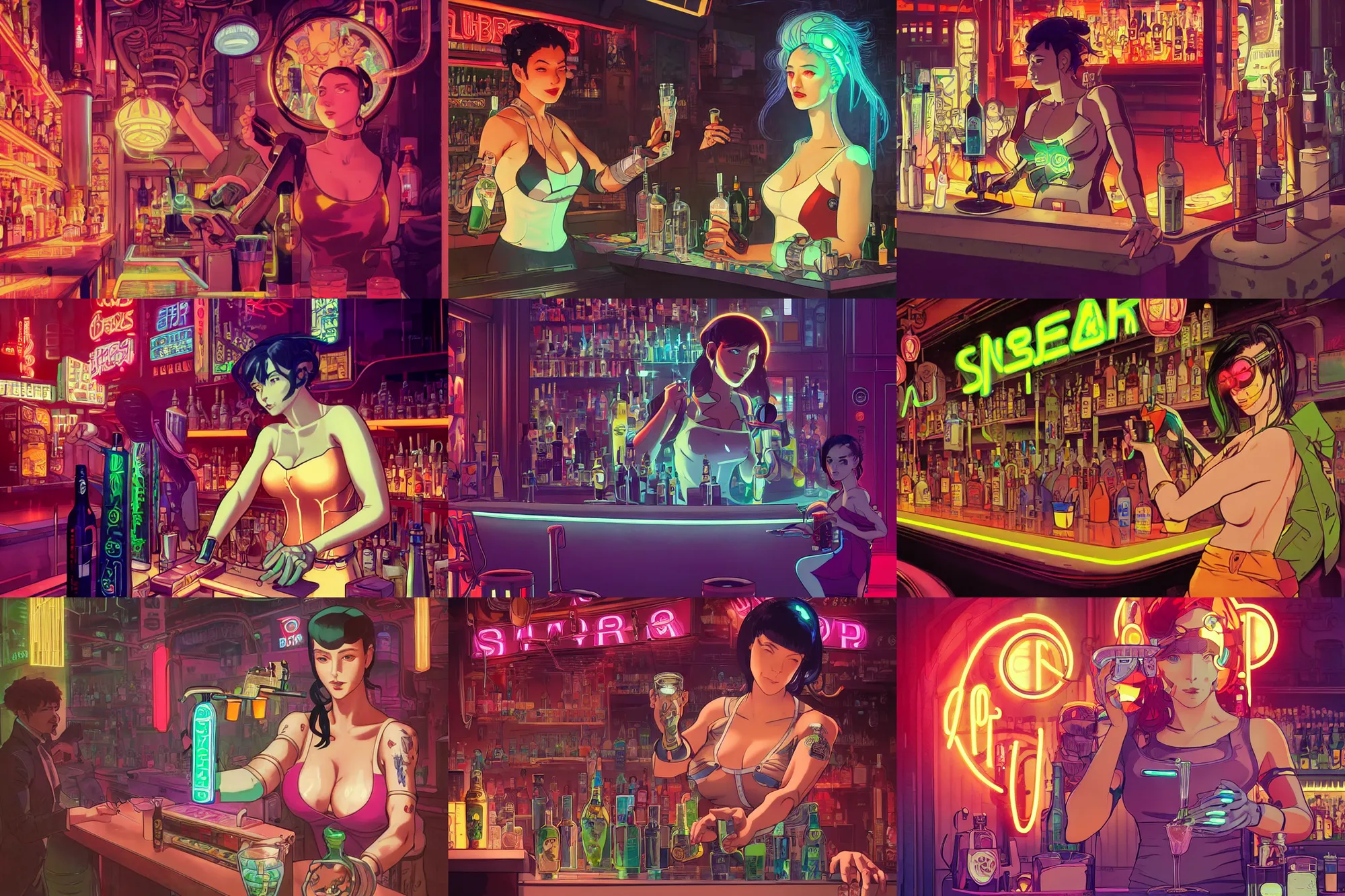 Prompt: cyborg bartender mixing a drink in a seedy neon - lit bar, cyberpunk, finely illustrated face, highly detailed, colored pencil, studio ghibli, tankobon, in the style of ilya kuvshinov and krenz cushart and william - adolphe bouguereau and alphonse mucha