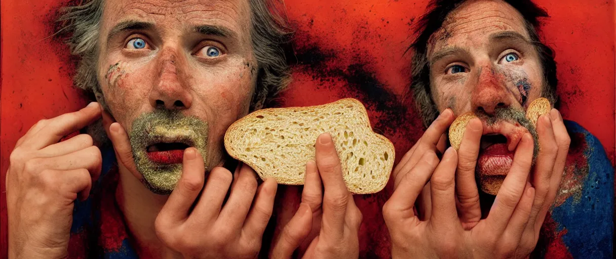 Prompt: award winning photo of a soulless man eating dry bread, vivid colors, happy, symmetrical face, beautiful eyes, studio lighting, wide shot art by sally mann & arnold newman