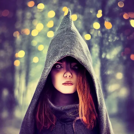 Prompt: portrait of a mysterious wizard with a Hood, bright eyes, fantasy, photorealistic, bokeh, magic lights, cinematic