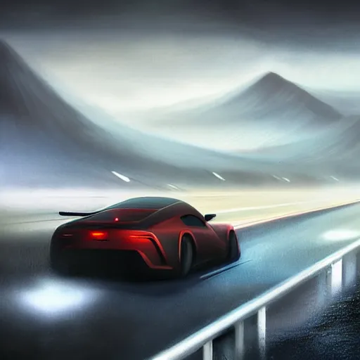 Image similar to a supra style car driving on a high way in a fog realistic atmosferic casper david friedrich raphael lacoste vladimir kush leis royo bruce pennington volumetric light effect broad light oil painting painting fantasy art style sci - fi art style realism artwork unreal engine