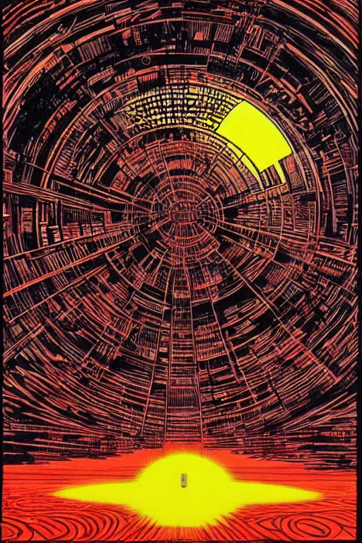 Prompt: a blazing geometric sun above a techno monolithic temple, detailed, 4 k, warm colours, by stanley donwood and philippe druillet,