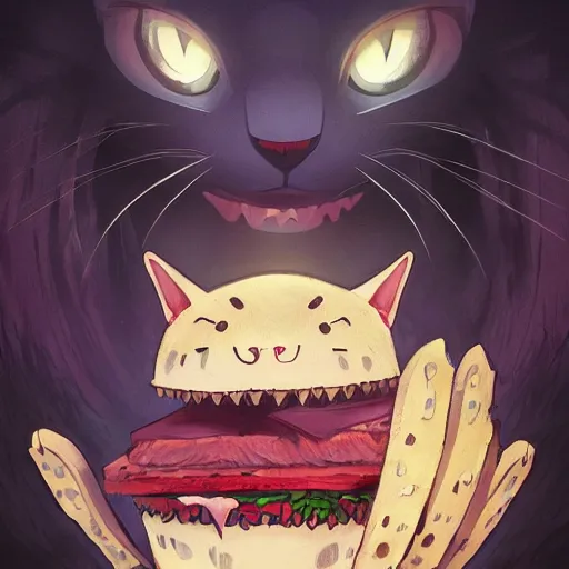 Image similar to scared cat attacked by the giant carnivorous sandwich, artstation hq, dark phantasy, stylized, symmetry, modeled lighting, detailed, expressive, created by hayao miyazaki