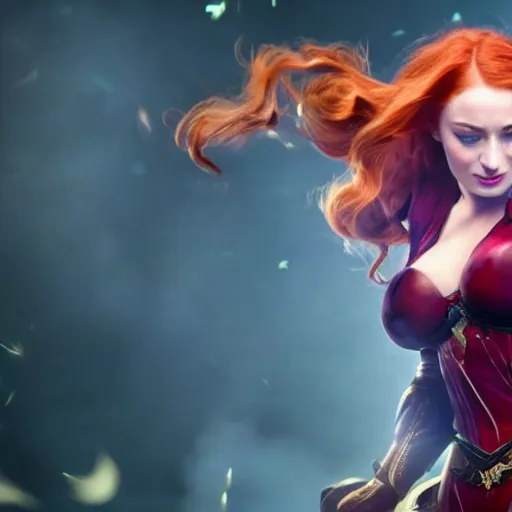 Prompt: an action shot centered on Sophie turner as Miss Fortune in League of Legends, 4K, cinema, imax, hyperreal