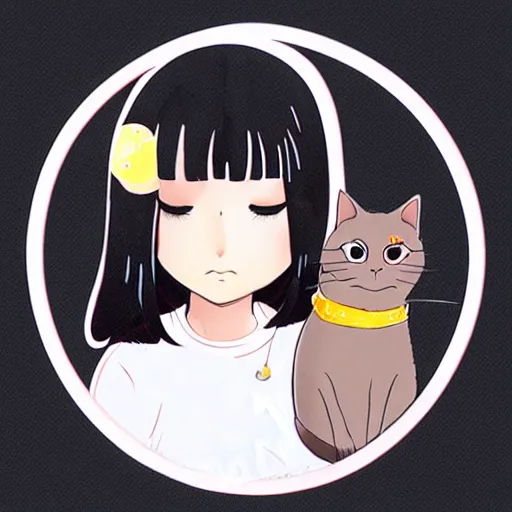 Prompt: girl with black cat, sticker, white background, by rossdraws, ghibli