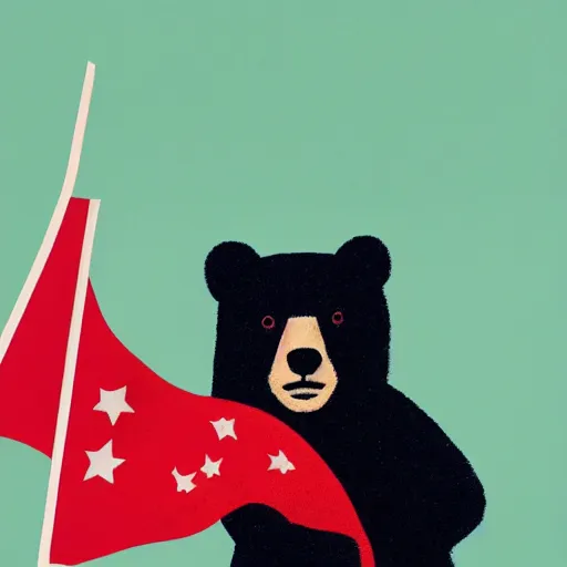 Image similar to a portrait of a socialist bear in a uniform waving a red flag
