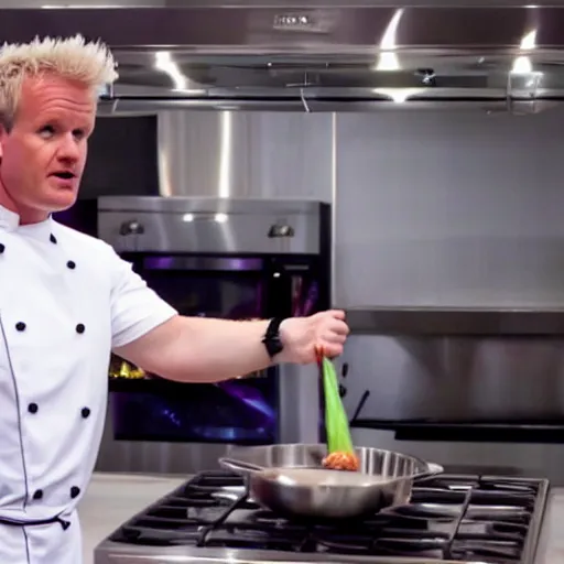 Image similar to hyper real Gordon Ramsey cooking a unicorn in kitchen 4k