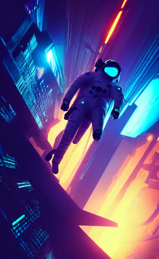 Image similar to professional photo of astronaut looking in the camera from low angle shot, cyberpunk background, blade runner, hyperrealistic masterpiece, trending on artstation, cgsociety, kodakchrome, golden ratio, cinematic, composition, beautiful lighting, hyper detailed, sharp focus, octane render, 4 k, unreal engine